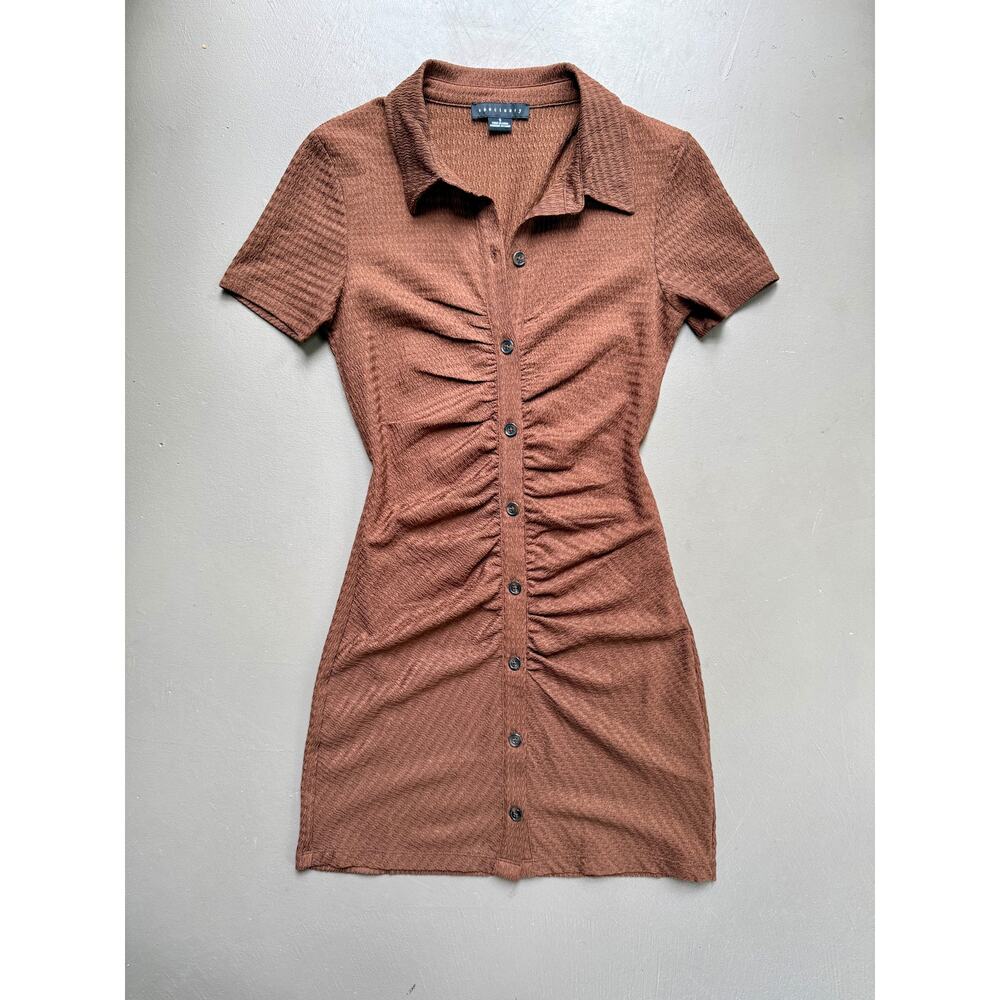 Sanctuary Ruched Button Front Mini Dress Brown Textured Collared Bodycon Small